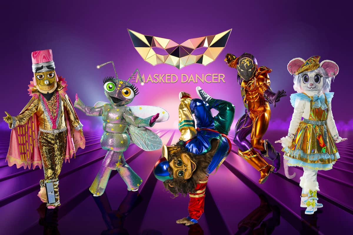 The Masked Dancer am 6.1.2022 - 1. Folge auf ProSieben - hier im Bild die Masken Buntstift, Glühwürmchen, Affe, Maximum Power und Maus