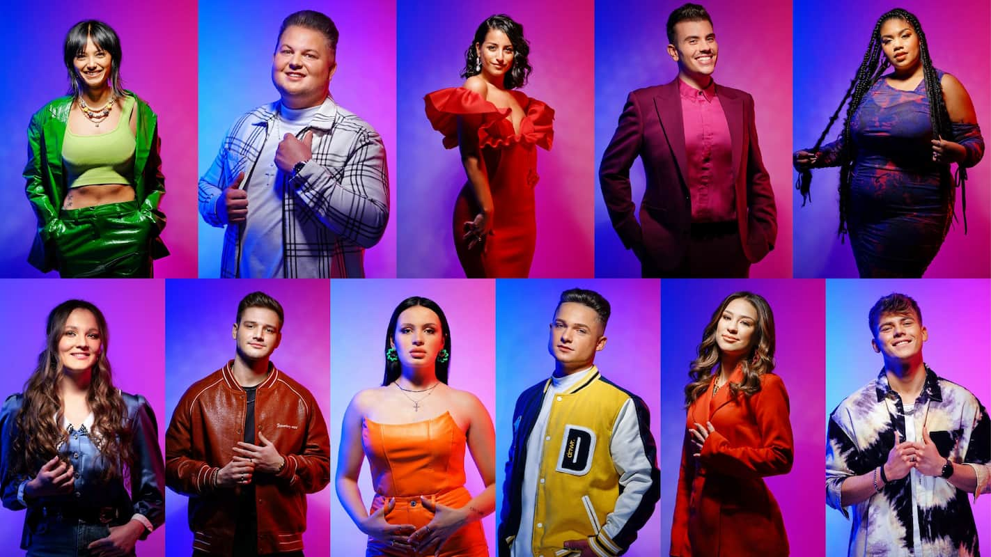 Top 11 DSDS 2022 in der Live-Show am 16.4.2022 - hier im Bild Tina Umbricht, Harry Marcello Laffontien, Melissa Turan, Domenico Tarantino, Abigail Abi Campos. Amber van den Elzen, Din Omerhodzic, Emine Knapczyk, Gianni Laffontien, Melissa Mantzoukis, Dominik Simmen