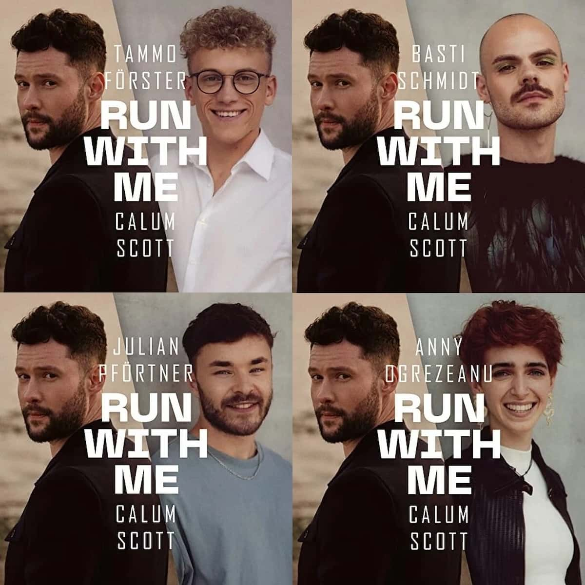 Alle Sieger-Songs The Voice of Germany 2022 “Run With Me” von Calum Scott und den Finalisten - hier im Bild die Single-Cover mit Tammo Förster, Basti Schmidt, Julian Pförtner und Anny Ogrezeanu