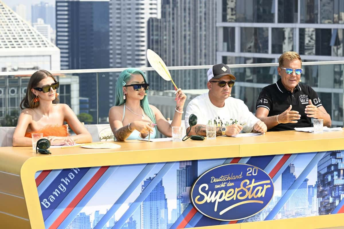 DSDS 4.3.2023: Recall in Thailand - Wer ist ausgeschieden Gruppen, Songs - hier im Bild die DSDS-Jury mit Leony, Katja Krasavice, Pietro Lombardi und Dieter Bohlen