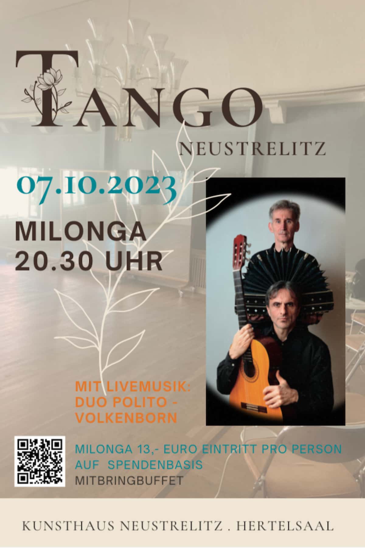 Milonga im Kunsthaus Neustrelitz am 7.10.2023 - hier im Bild das Plakat mit dem Hinweis auf die Tanzveranstaltung - Grafik vom Veranstalter