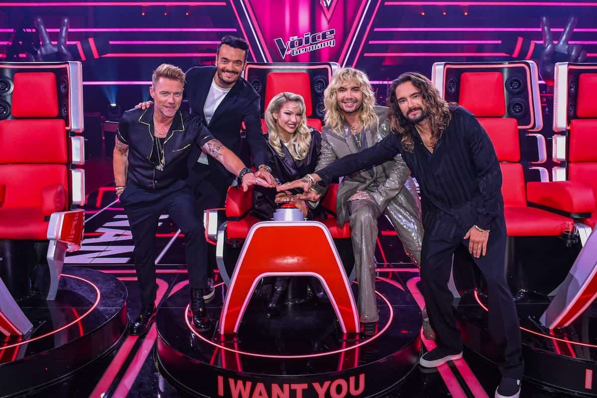 The Voice of Germany 2023 beginnt am 21.9.2023 - hier im Bild die Coaches Ronan Keating, Giovanni Zarrella, Shirin David, Bill Kaulitz und Tom Kaulitz im The Voice - Studio