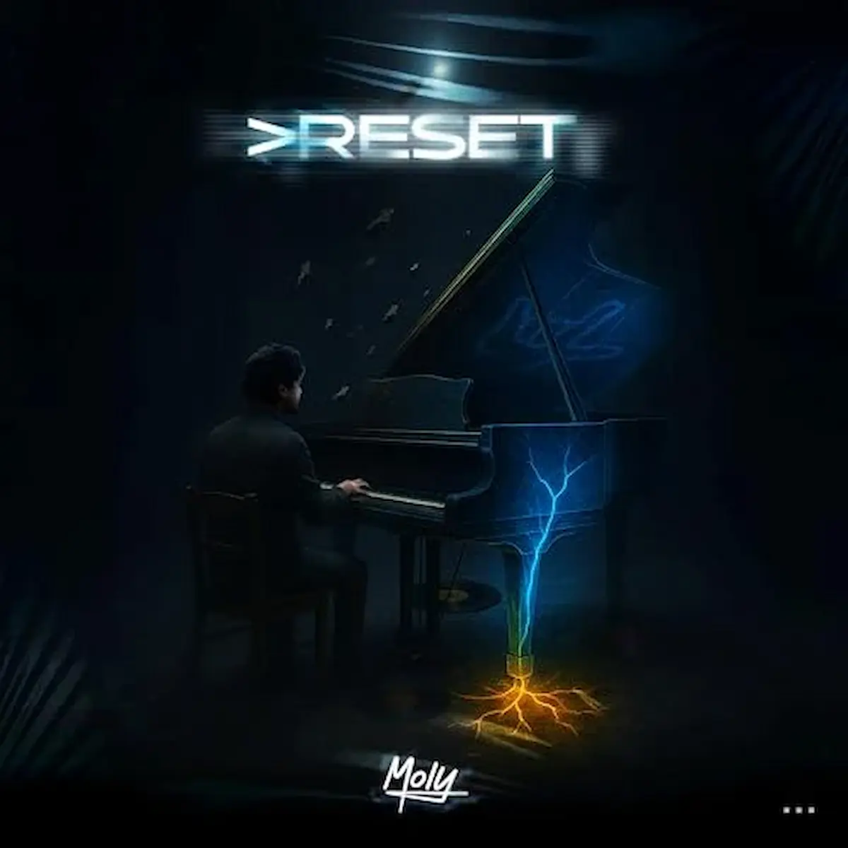 Jonathan Moly Albumcover „Reset“ Mann am Klavier Blitze
