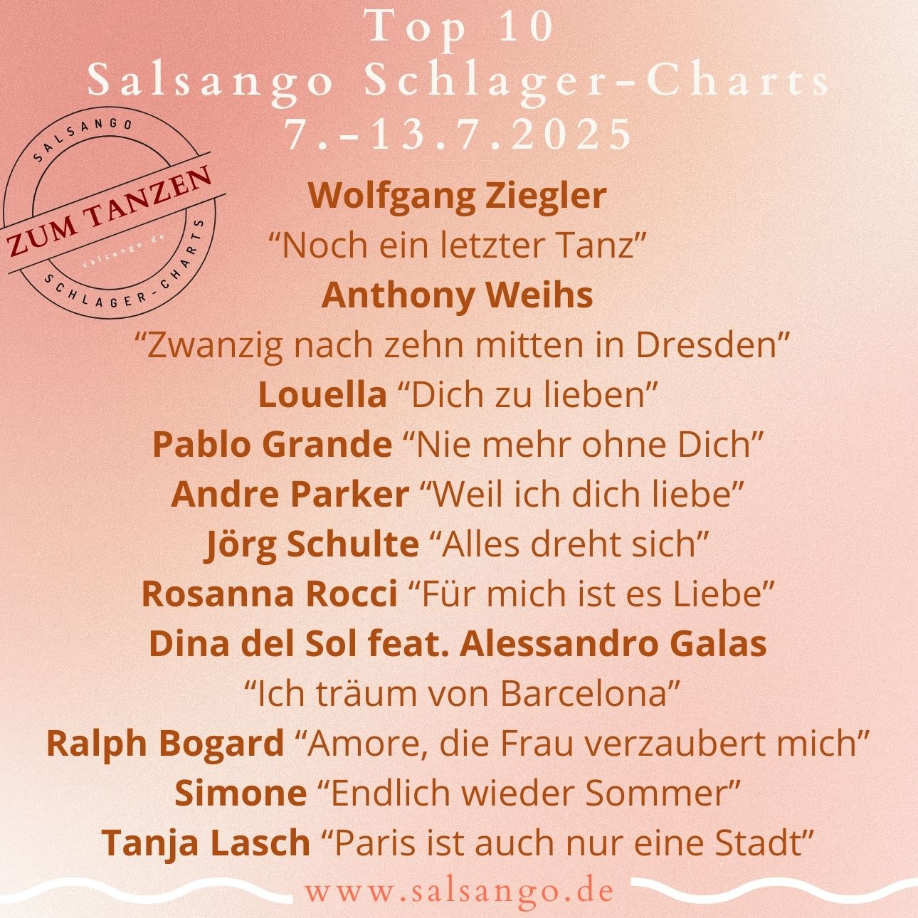Top 10 Juli Schlager-Charts von Salsango KW 29-2025
