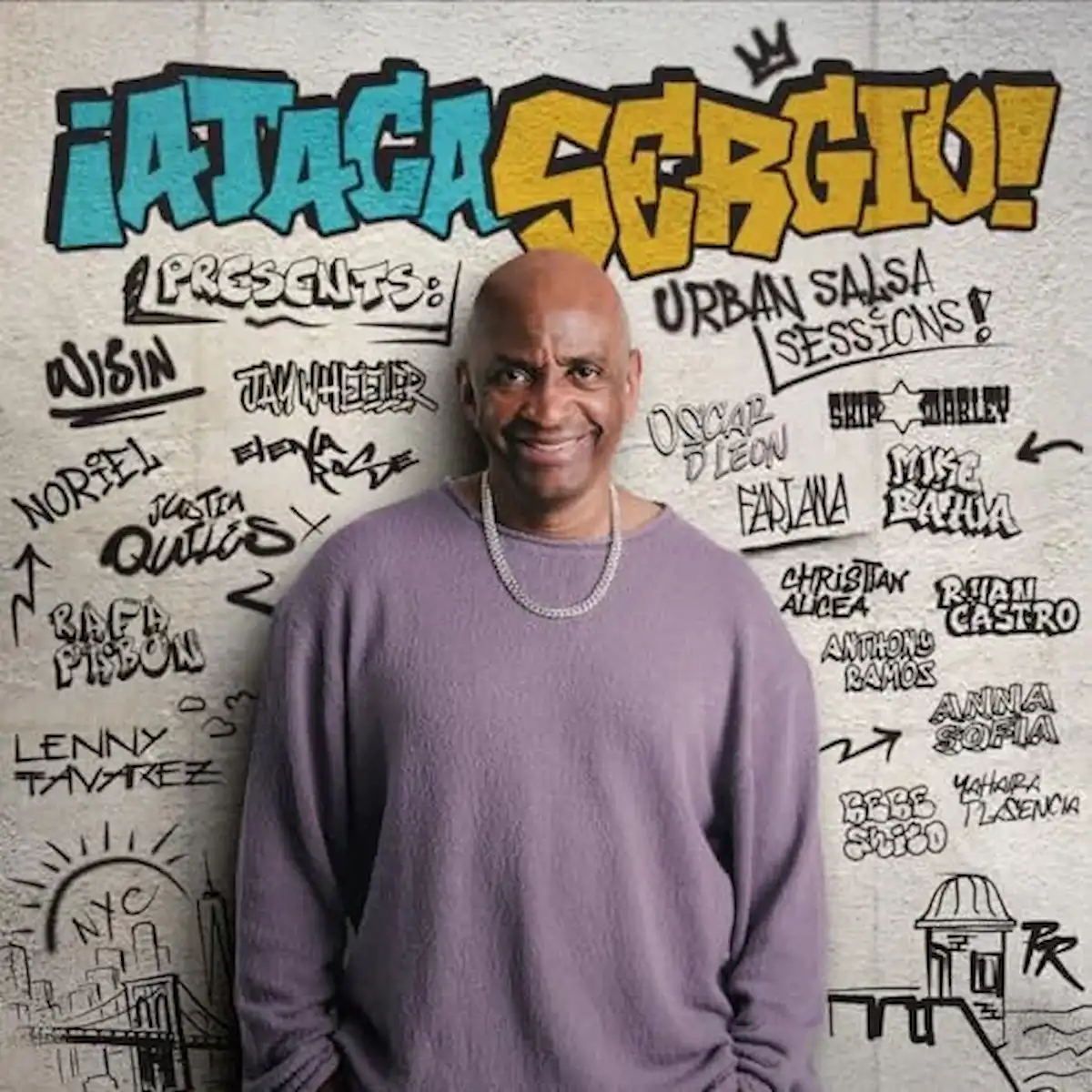 Sergio George “Ataca Sergio” Salsa Album Cover - Der Salsa-Musiker steht vor einer mit Grafiti besprühten Wand