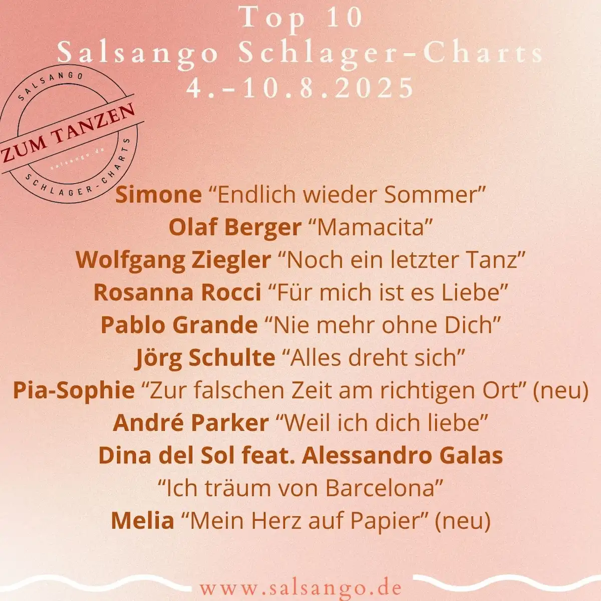 Top 10 August Schlager-Charts von Salsango - KW 32-2025