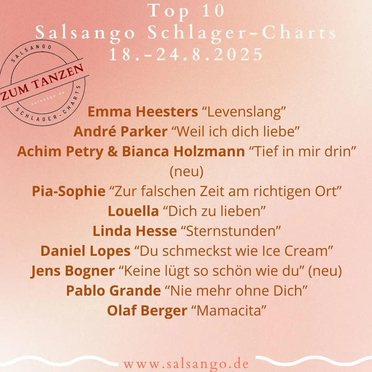 Top 10 August Schlager-Charts von Salsango - KW 34-2025