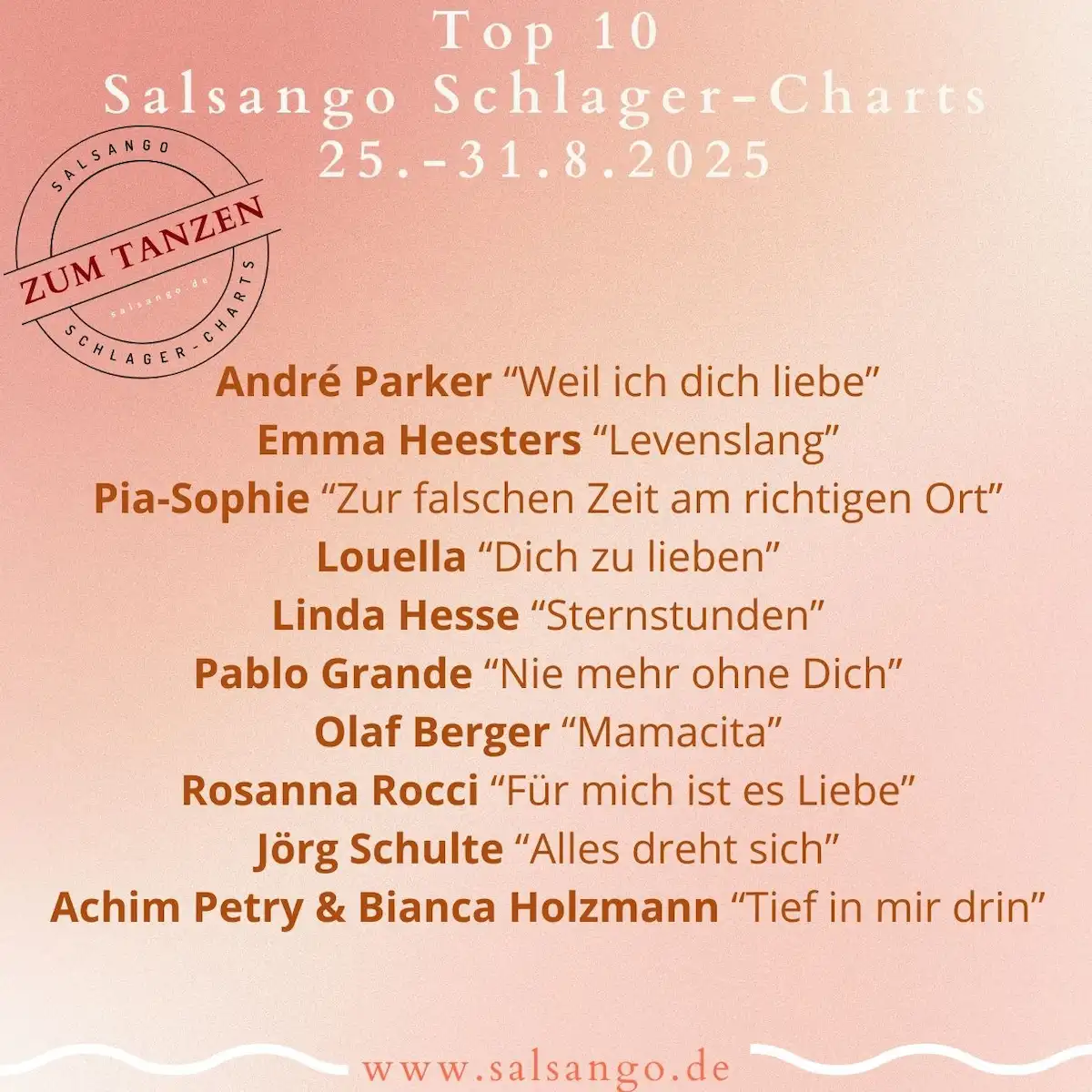 Top 10 August Schlager-Charts von Salsango - KW 35-2025