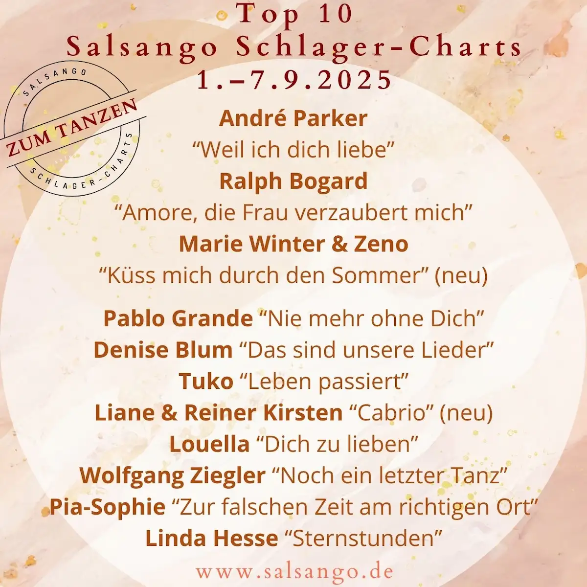 Top 10 September Schlager-Charts von Salsango - KW 36-2025