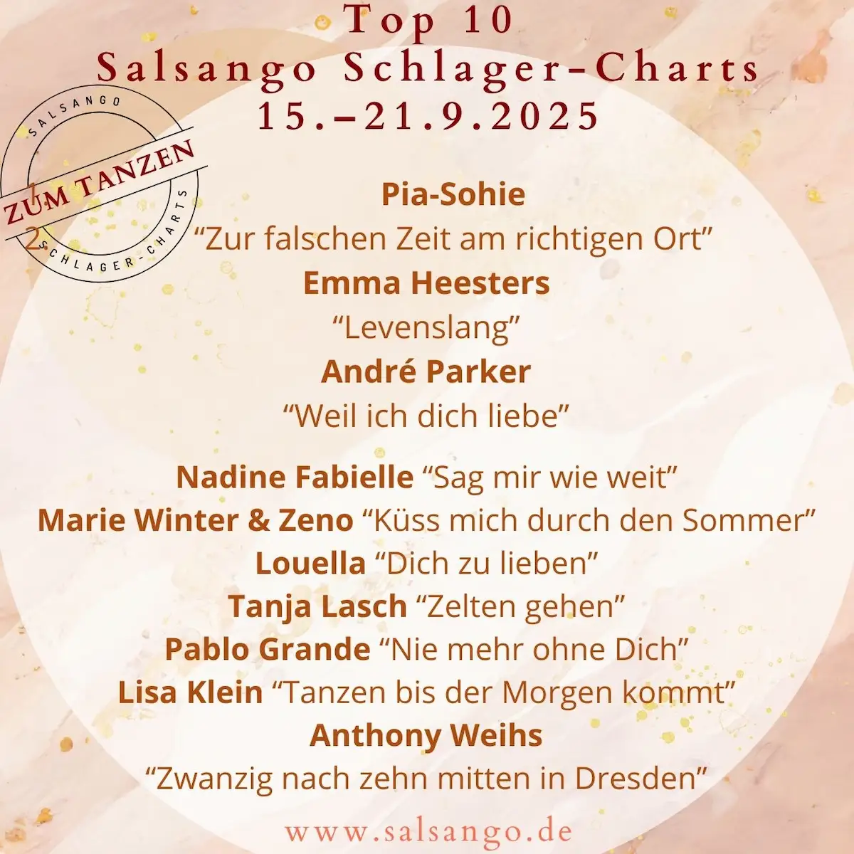 Top 10 September Schlager-Charts von Salsango - KW 38-2025