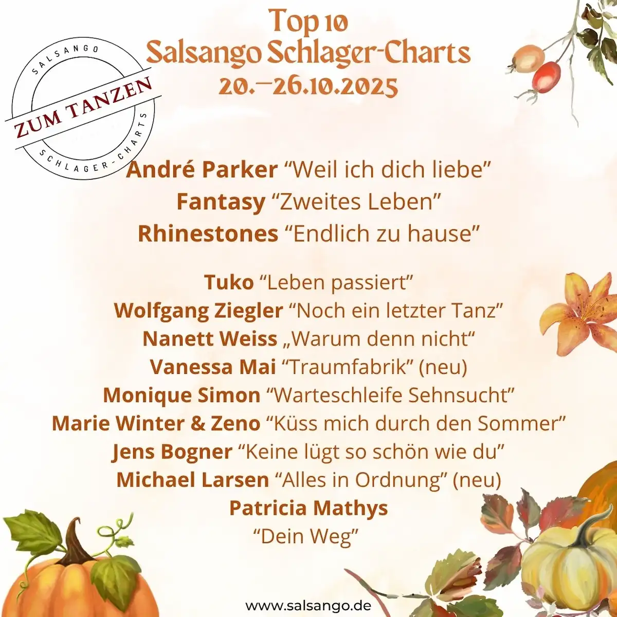 Top 10 Oktober Schlager-Charts von Salsango KW 43-2025 - die Grafik listet die Top 10 Schlager der aktuellen Woche auf
