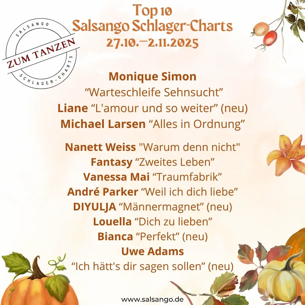 Top 10 Oktober Schlager-Charts von Salsango - KW 44-2025