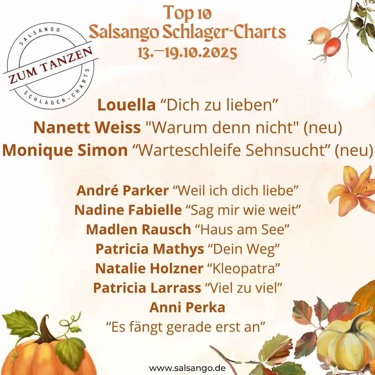 Top 10 Oktober Schlager-Charts von Salsango - KW 42-2025