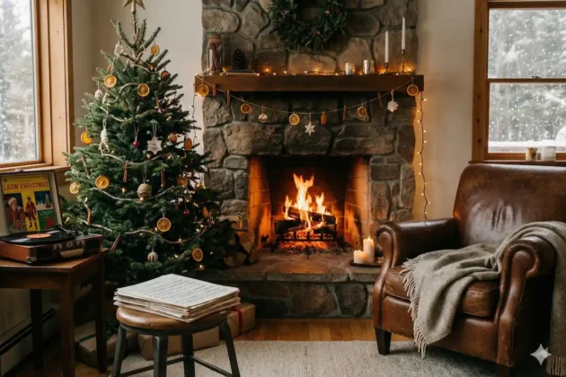 Semino Rossi Weihnachtskonzerte 2025 - Termine, Städte, Ticket-Hinweise - Bild zur Illustration mit einem Weihnachtsbaum, einem Kamin, in dem ein Feuer brennt und einem gemütlichen Sessel mit einer Decke