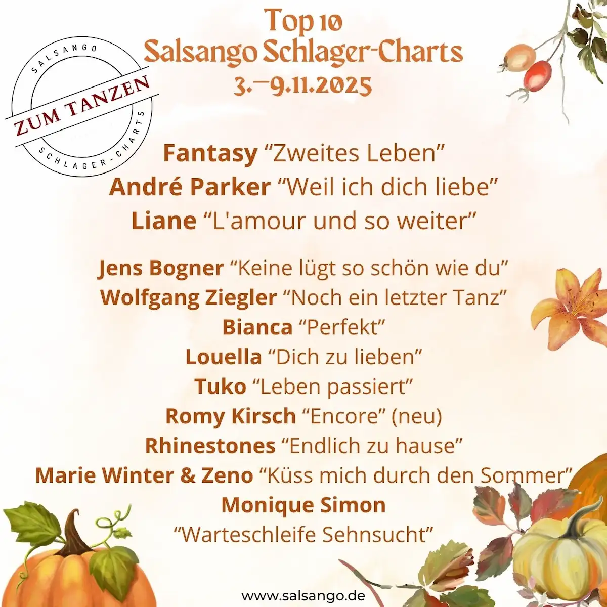 Top 10 November Schlager-Charts von Salsango - KW 45-2025