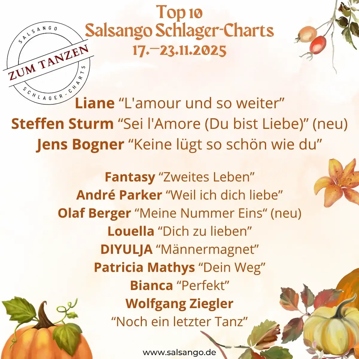 Top 10 November Schlager-Charts von Salsango - KW 47-2025