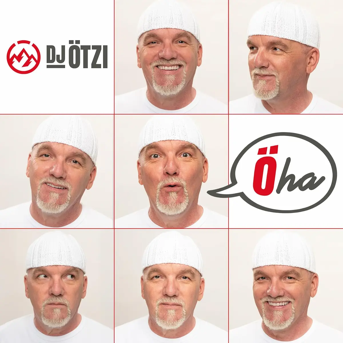 DJ Ötzi CD „Öha“ 2026 - hier im Bild das CD-Cover mit mehreren Portrait-Fotos von DJ Ötzi mit jeweils verschiedener Mimik, wie häufig aus den öffentlichen Foto-Kabinen bekannt