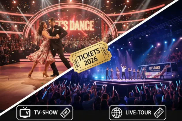 Illustration zum Thema Let’s Dance 2026 Tickets: Collage aus TV-Studio und Live-Tour-Bühne, erstellt mit KI.