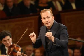 Neujahrskonzert 2026 Wiener Philharmoniker 1. Januar 2026 - Dirigent, Ballett, Tänzer und Musik-Programm - hier im Bild Dirigent Yannick Nézet-Séguin, während er die Wiener Philharmoniker dirigiert