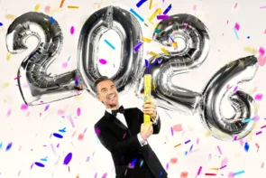 Silvester-Schlagerboom 31. Dezember 2025 - Gäste bei Florian Silbereisen in ARD und ORF - hier im Bild der Moderator Florian Silbereisen im Konfetti-Regen vor Luftballons, die die Jahreszahl 2026 zeigen