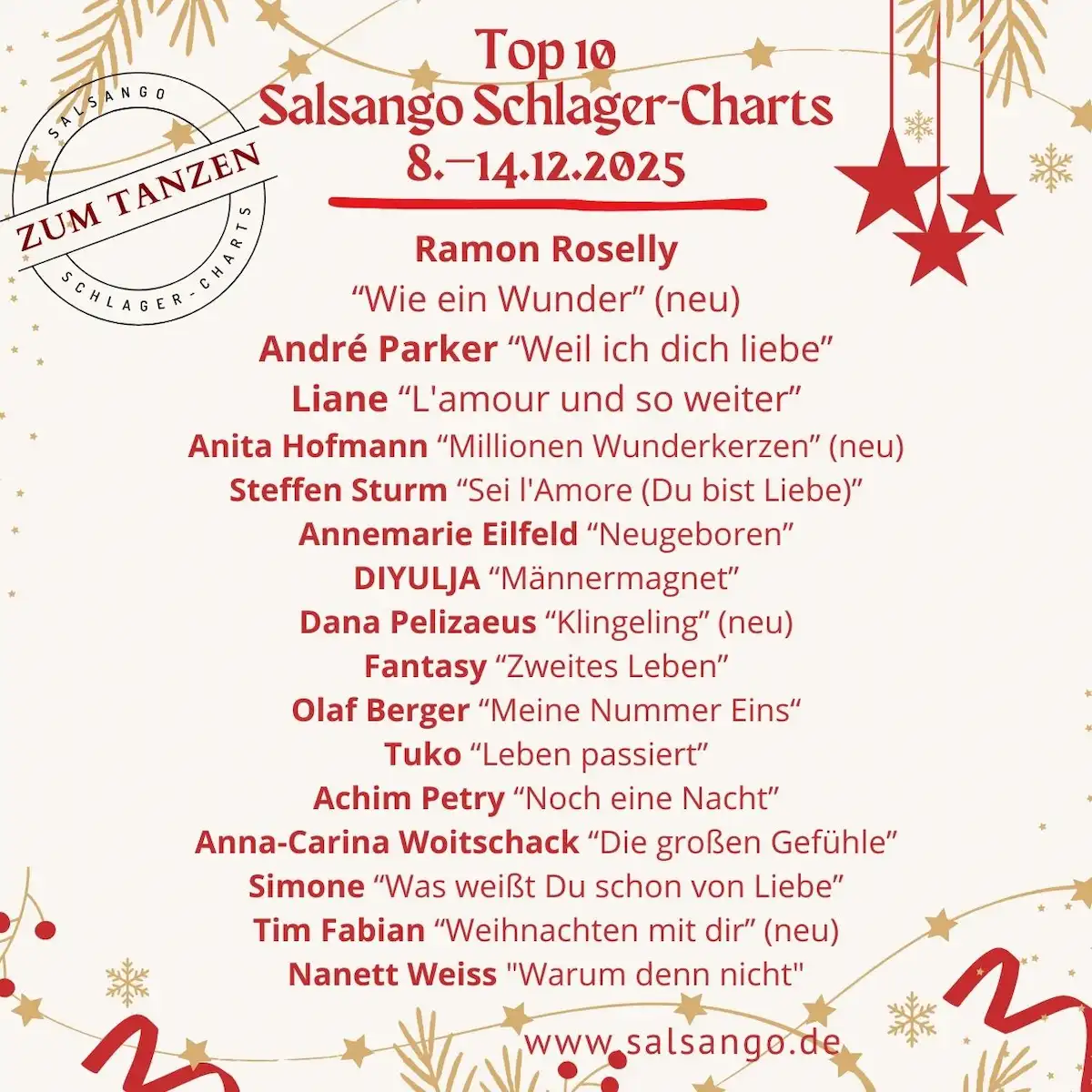Top 10 Dezember Schlager-Charts von Salsango KW 50-2025
