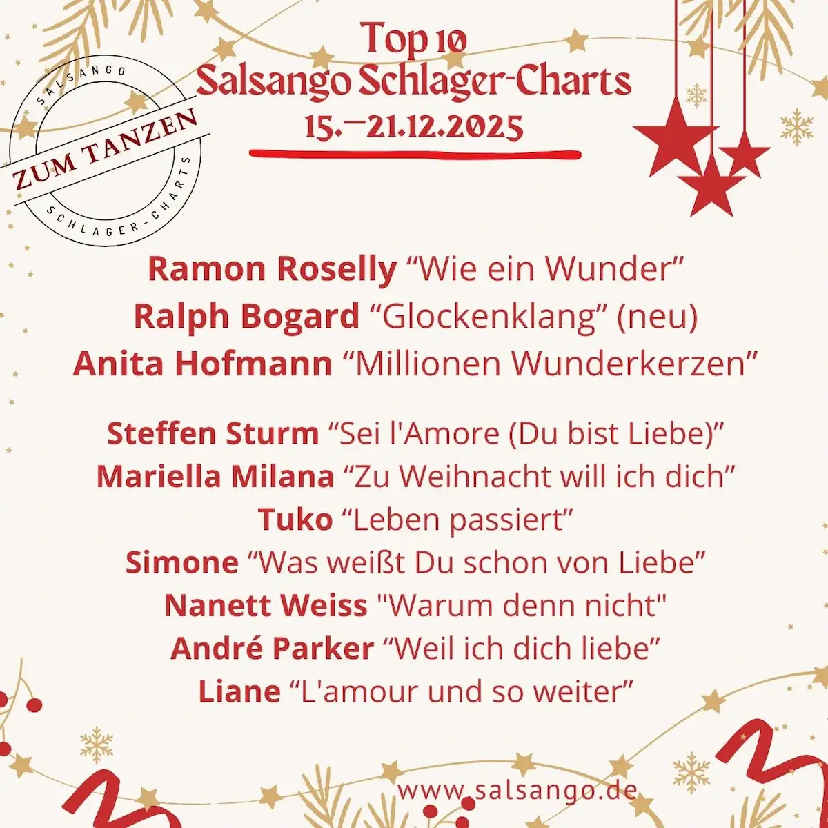 Top 10 Dezember Schlager-Charts von Salsango KW 51-2025