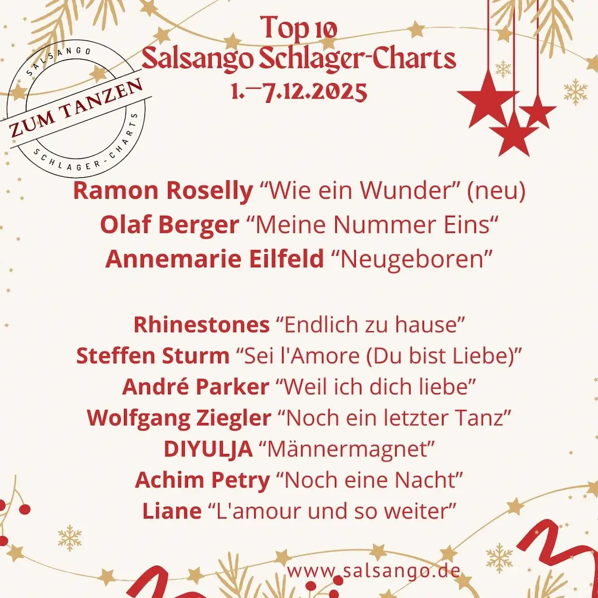 Top 10 Dezember Schlager-Charts von Salsango - KW49-2025