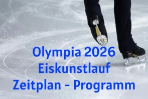 Eiskunstlauf Olympia 2026 - Zeitplan und Programm aller Wettbewerbe - im Bild zu sehen sind die Schlittschue eines Eiskunstläufers und der Schriftzug „Olympia 2026 Eiskunstlauf Zeitplan - Programm“