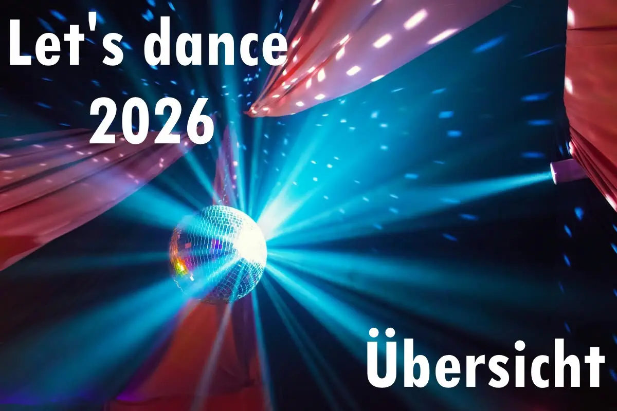 Let's dance 2026 - Übersicht - hier das neue Staffel-Foto bei Salsango für 2026 - im Bild zu sehen ist eine Spiegelkugel die von Scheinwerfern in einem dunklen Raum angestrahlt wird und die Lichtstrahlen reflektiert