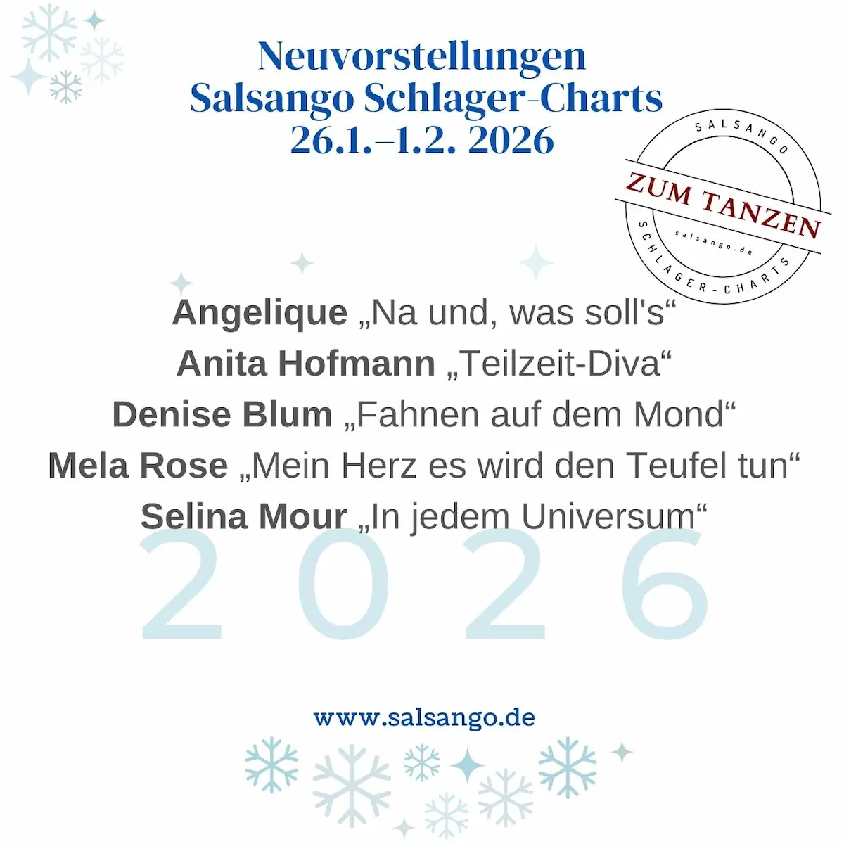 Neuvorstellungen Januar 2026 Schlager-Charts von Salsango - KW 5-2026