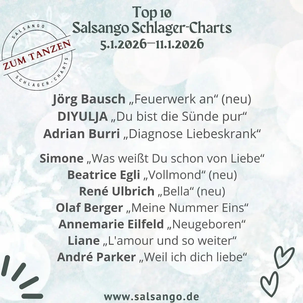 Top 10 Januar 2026 Schlager-Charts von Salsango - KW 2-2026 - Die Grafik zeigt die besten zehn Schlager der Woche in der Hitparade für diese Woche