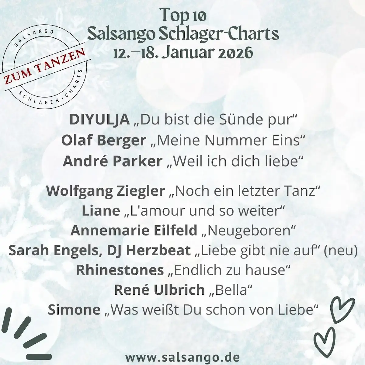 Top 10 Januar 2026 Schlager-Charts von Salsango - KW 3-2026