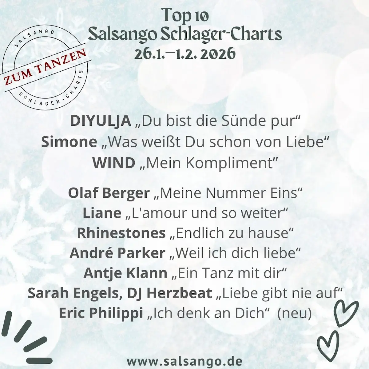 Top 10 Januar 2026 Schlager-Charts von Salsango - KW 5-2026 - die Grafik zeigt die zehn besten Schlager der Woche in der Salsango-Hitparade