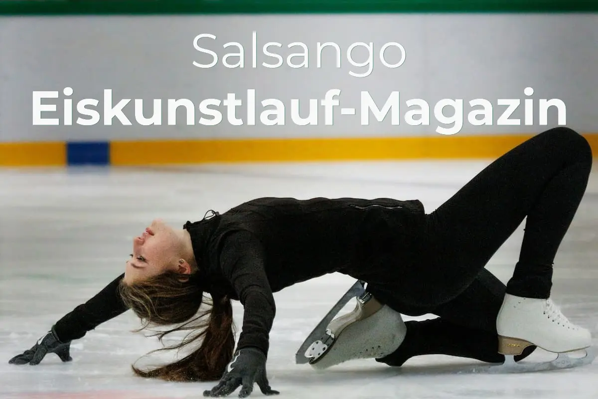 Logo des Eiskunstlauf-Magazins in Salsango mit einer Eiskunstläuferin auf dem Eis in einer Eisarena.