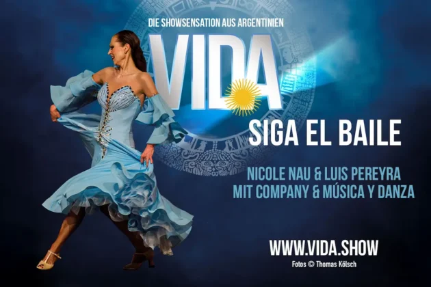 Tango-Show „Vida - Siga el baile“ mit Nicole Nau, Luis Pereyra und Company - Die Grafik zeigt Nicole Nau als Tänzerin in einem hellblauen Bühnen-Kleid und das Logo der Show