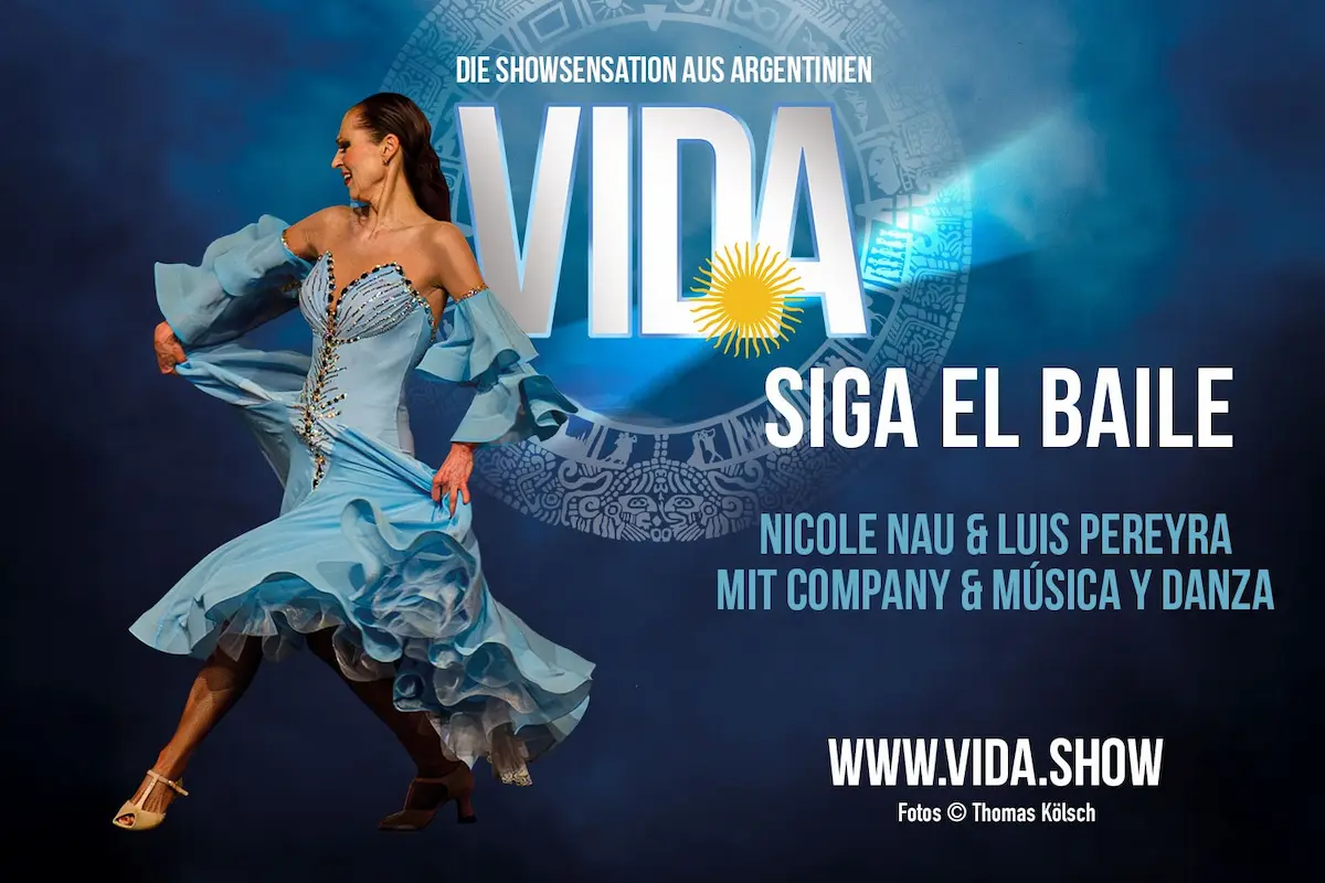Tango-Show „Vida - Siga el baile“ mit Nicole Nau, Luis Pereyra und Company - Die Grafik zeigt Nicole Nau als Tänzerin in einem hellblauen Bühnen-Kleid und das Logo der Show