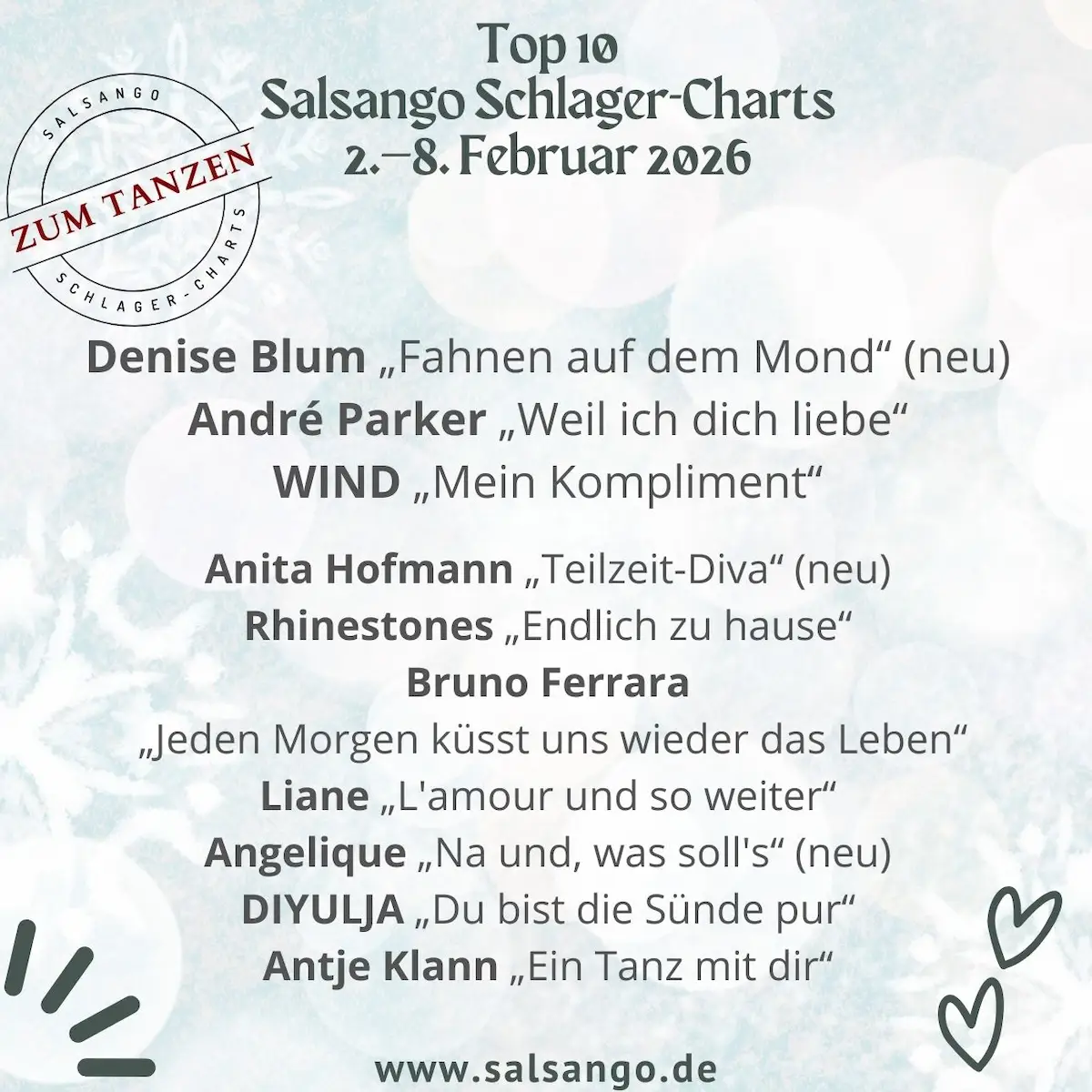 Top 10 Februar 2026 Schlager-Charts von Salsango - KW 6-2026 - die Grafik listet die Top 10 Schlager der Woche in der 6. Kalenderwoche 2026 auf