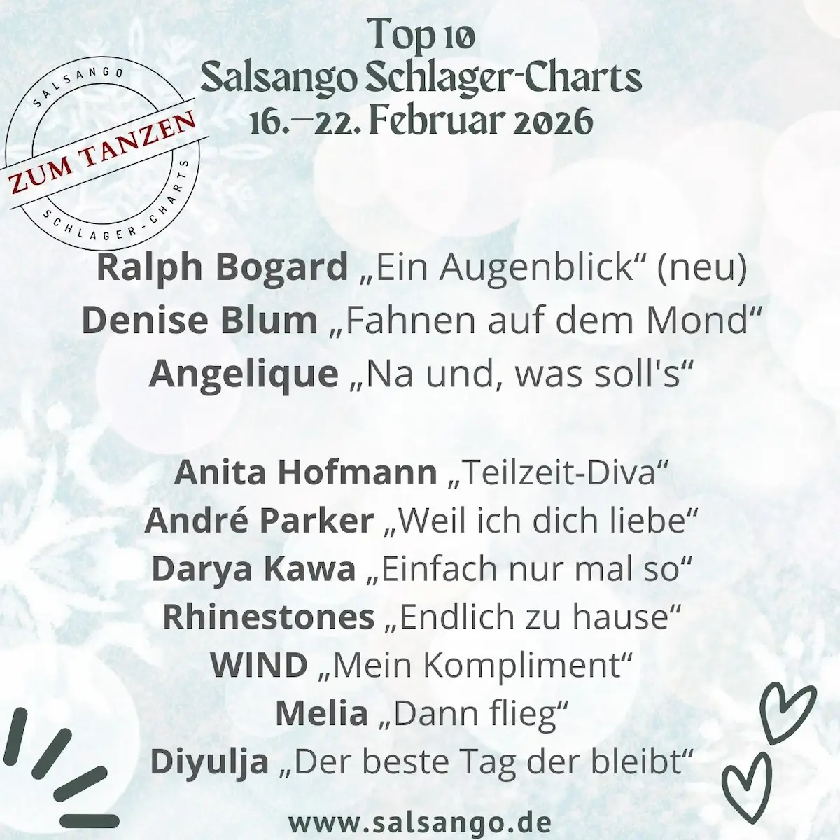 Top 10 Februar 2026 Schlager-Charts von Salsango - KW 8-2026 - Die Grafik zeigt die besten 10 Schlager der Woche