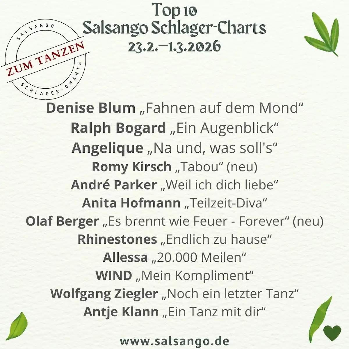 Top 10 Februar 2026 Schlager-Charts von Salsango - KW 9-2026 - die Grafik zeigt die Top 10 Schlager der Woche in den Salsango Schlager-Charts