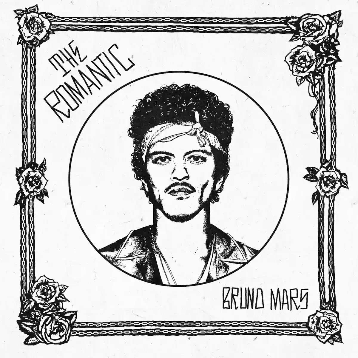 Bruno Mars Album „The Romantic“ Einer hält die funky Fahne hoch - eine Rezension - hier im Bild das Cover zum Album . ein einfaches, aber künstlerisch gestaltetes Cover in Schwarz-Weiß als Zeichnung oder einer Art Linolschnitt mit einem Portrait des Künstlers im Mittelpunkt