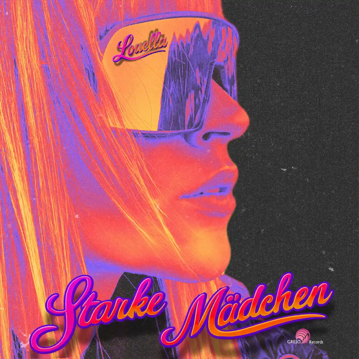 Louella - Schlager „Starke Mädchen“ tanzbar, erfrischend, gut - hier im Bild das Single-Cover mit einem „psychedelisch“ verfremdeten Konterfei der Künstlerin, die eine moderne Sonnenbrille trägt