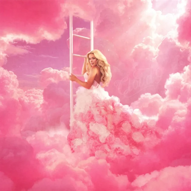 Moroney Album „Cloud 9“ - Country-Musik - Album-Cover - das Cover zeigt die Künstlerin, wie sie in rosa Wolken auf einer Leiter nach oben zur nächsten Wolkengruppe steigt