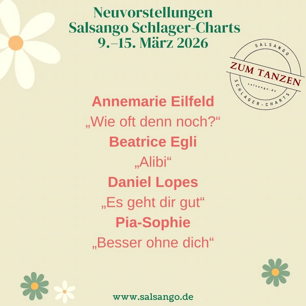 Neuvorstellungen Schlager-Charts von Salsango - März, KW 11-2026 - die Grafik zeigt die neuen Schlager, die wir für unsere Hitparade vorgestellt haben