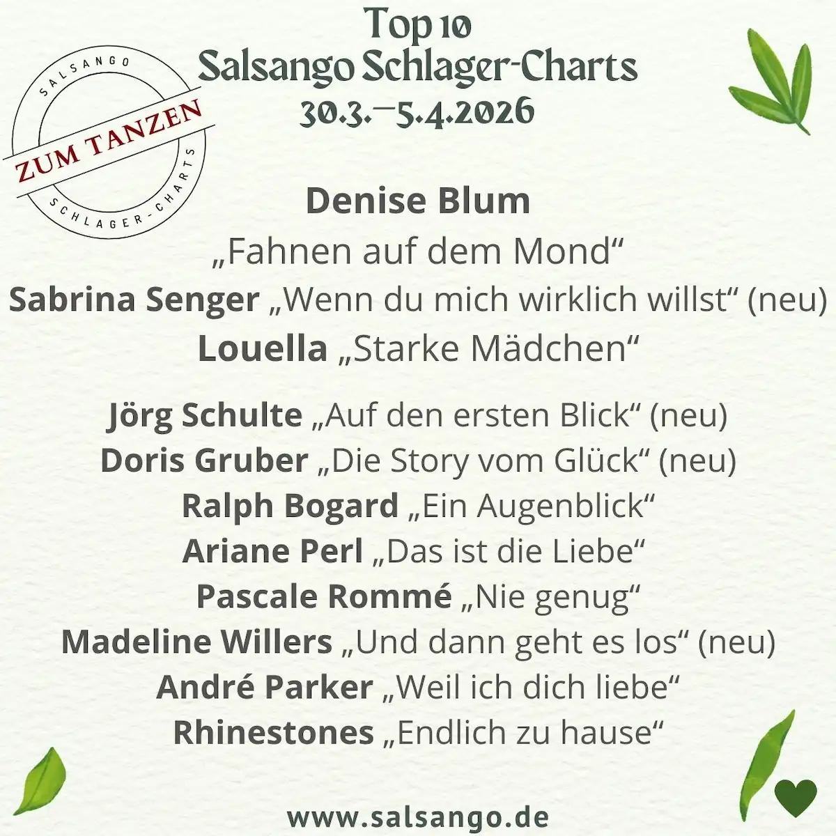 Top 10 April 2026 Schlager-Charts von Salsango - KW 14-2026 - die Grafik zeigt die beliebtesten Top 10 Schlager der Salsango-Tanzhitparade