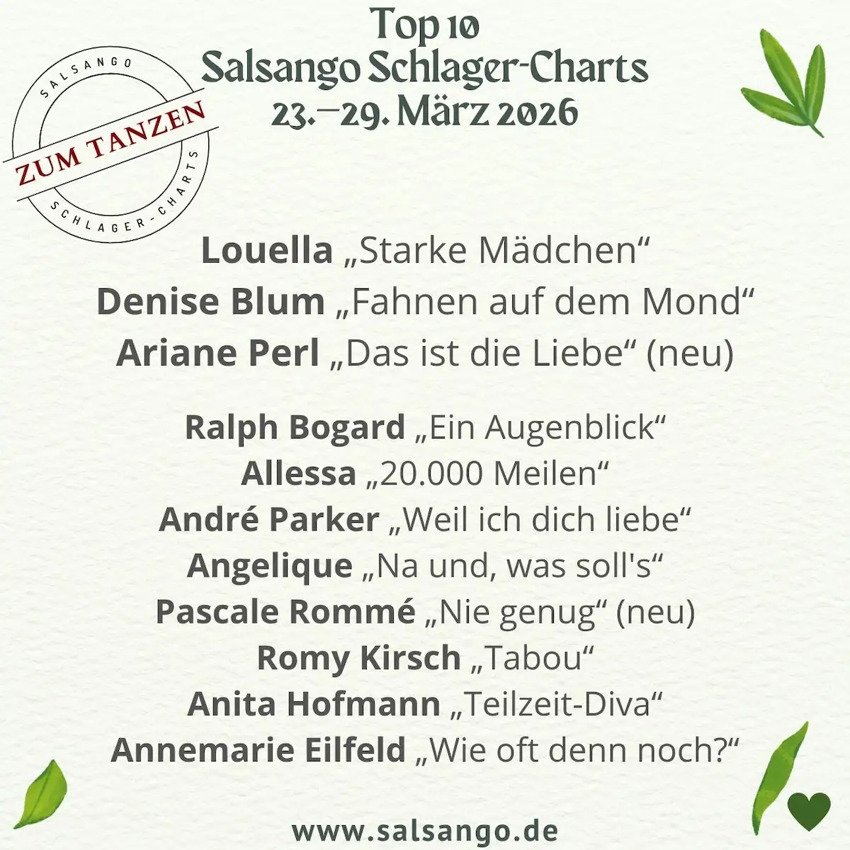 Top 10 März 2026 Salsango Schlager-Charts - KW 13-2026 - die Grafik zeigt die beliebtesten Schlager in unserer aktuellen Hitparade