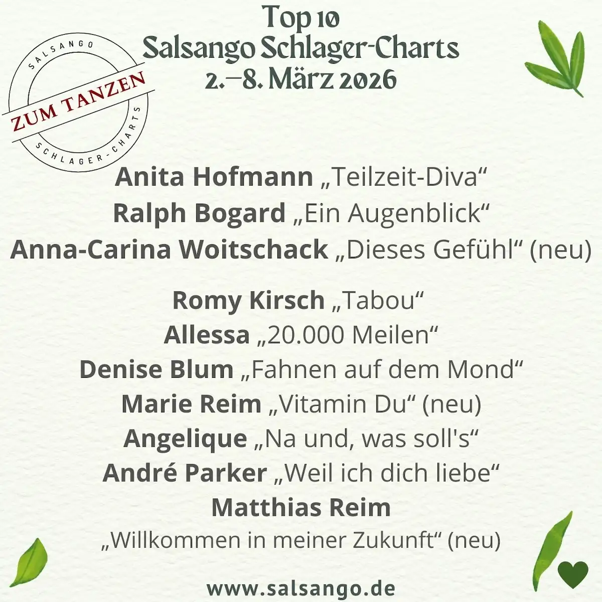 Top 10 März 2026 Schlager-Charts von Salsango KW 10-2026 - die Grafik zeigt die besten 10 Schlager der Woche in der Salsango-Schlager-Hitparade