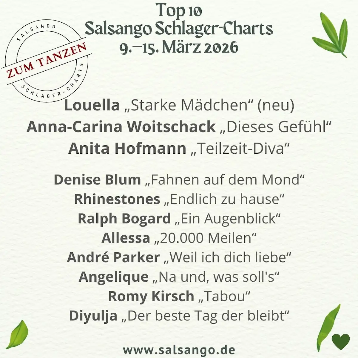 Top 10 März 2026 Schlager-Charts von Salsango - KW 11-2026 - die Grafik zeigt die bestplatzierten zehn Schlager der Woche