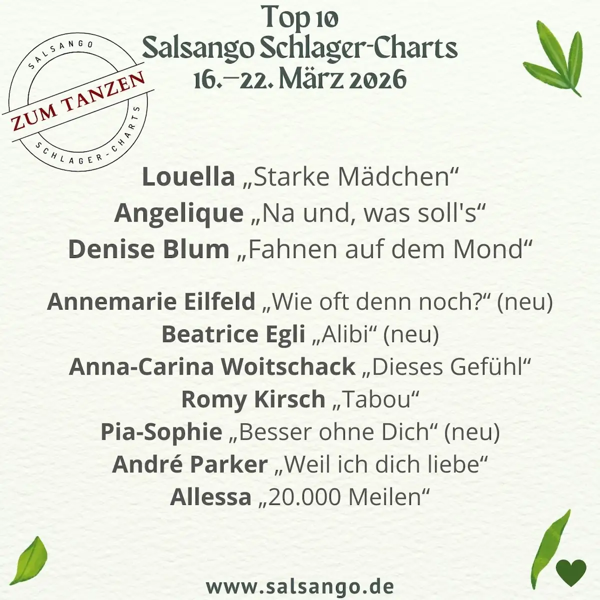 Top 10 März 2026 Schlager-Charts von Salsango - KW 12-2026 - die Grafik zeigt die 10 beliebtesten Schlager der Woche in Salsango