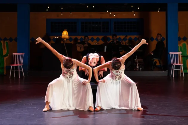 Ballett, Bolero, Tango - Viva la Vida - A Tribute to Frida Kahlo 2026-2027 Städte, Termine, Ticket-Tipps - das Bild zeigt eine Szene der Bühnenaufführung mit drei Tänzerinnen im Fokus und den Musikern im Hintergrund