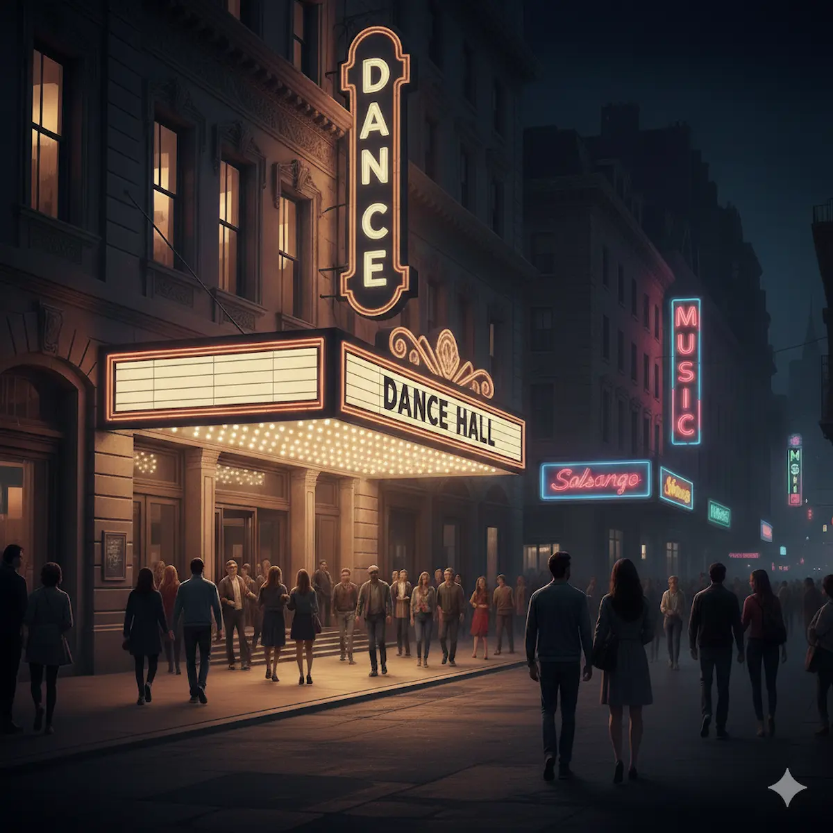 Illustration einer belebten Dance Hall bei Nacht mit leuchtender Neon-Reklame, Menschenschlage am Eingang und dem Salsango-Schriftzug im Hintergrund.